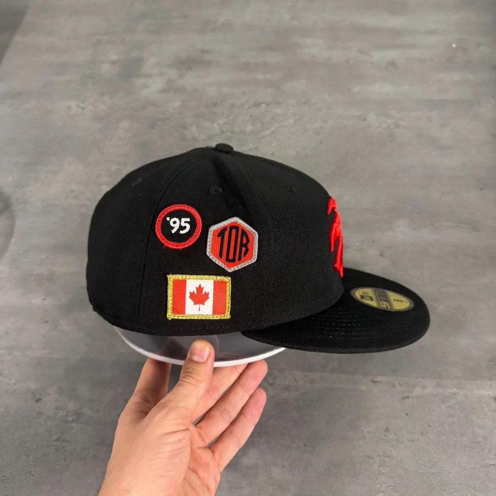 New Era Toronto Raptors Hat Size 8 Black 59FIFTY Fitted NBA Side Multi Patch Cap